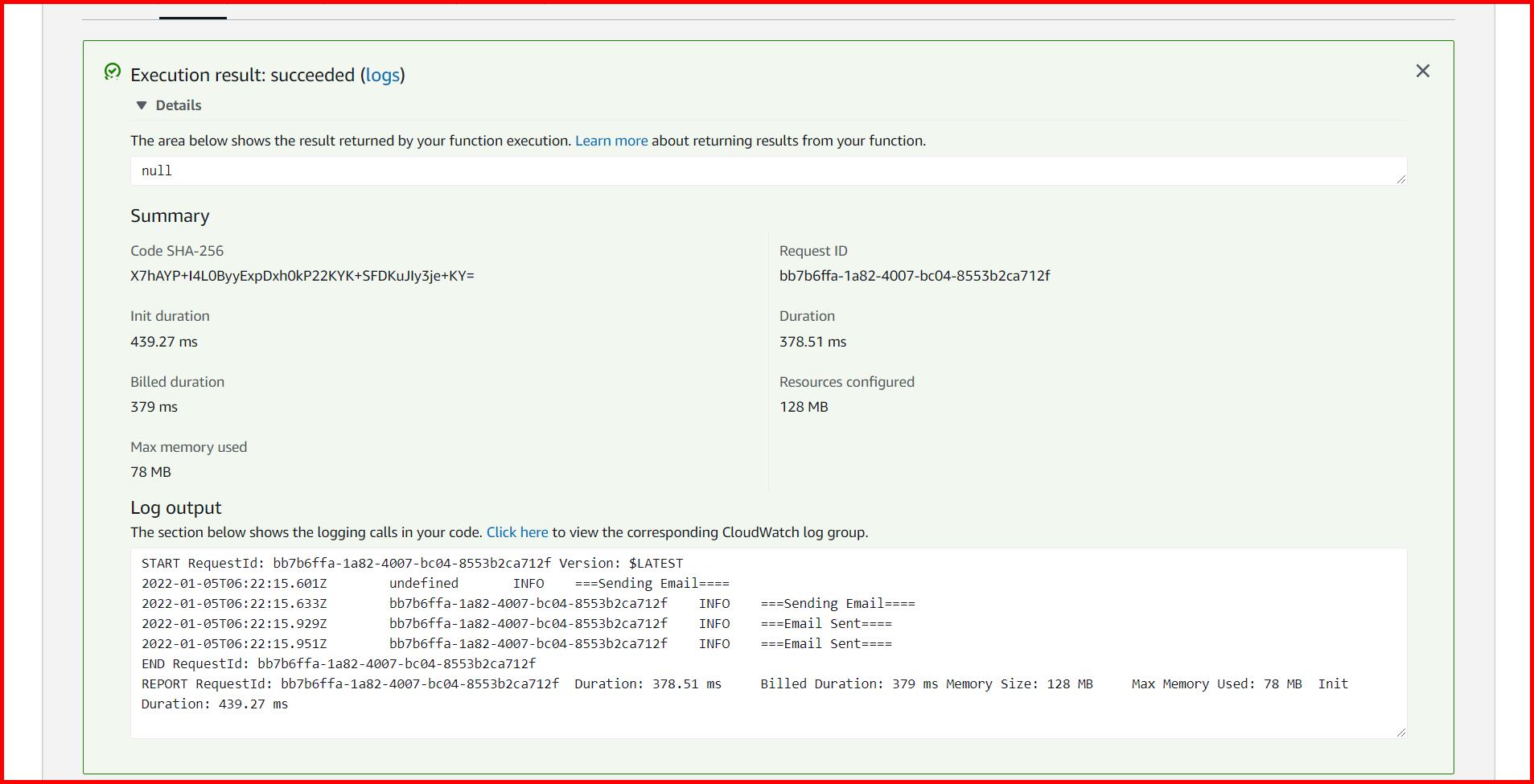 Picture showing the output of the lambda function when the function is invoked